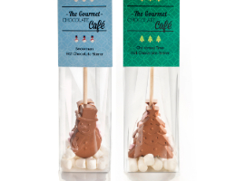 Snowman and Christmas tree hot chocolate stirrers side by side